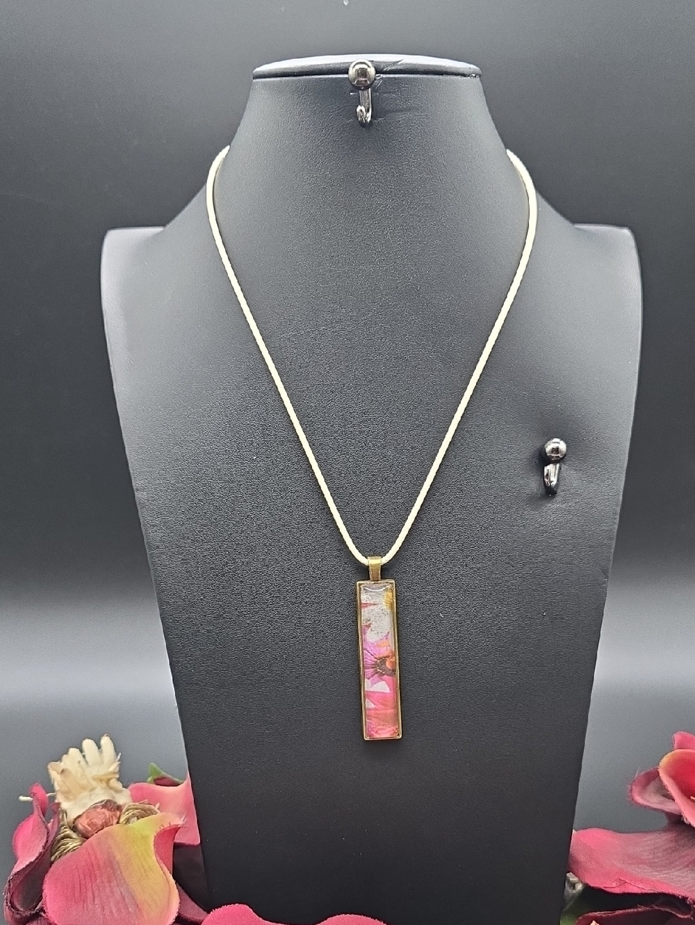 Hand Crafted | Brass-Tone | Pink Floral | Rectangle Glass | Pendant Necklace